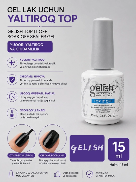 Gel lak uchun yaltiroq top Gelish Top It Off Gel 15 ml - 