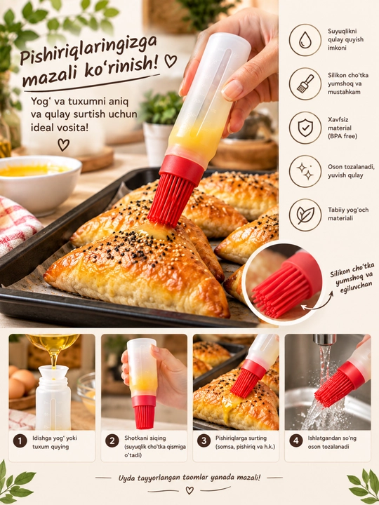 Moy va tuxum uchun 70 ml sig‘imli silikon cho‘tka - 