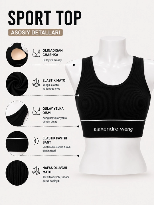 Ayollar sport krop-topi Alaxendre Weng, fitnes, yoga va yugurish uchun top, 42-48 razmer