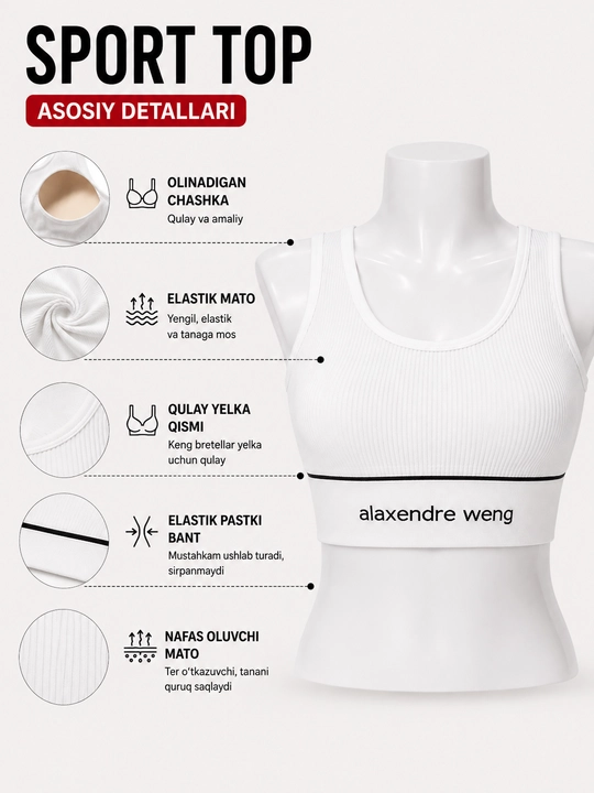 Ayollar sport krop-topi Alaxendre Weng, fitnes, yoga va yugurish uchun top, 42-48 razmer