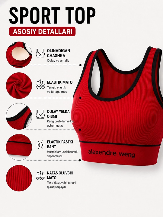 Ayollar sport krop-topi Alaxendre Weng, fitnes, yoga va yugurish uchun top, 42-48 razmer