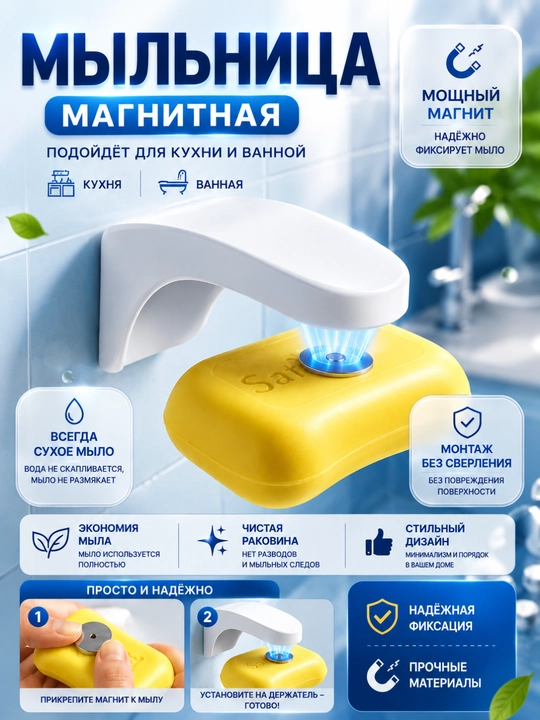 Магнитная мыльница настенная самоклеящаяся, подвесной держатель для мыла без сверления - 