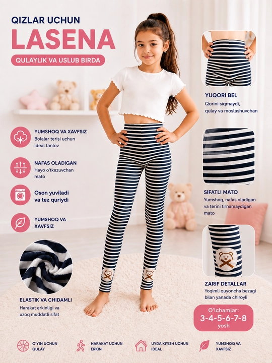 Qizlar uchun leggings, kb materiallari, o'lchamlari 1 yoshdan 13 yoshgacha, bahor-kuz - 