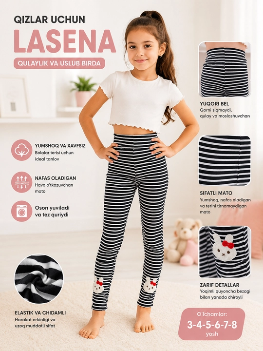 Qizlar uchun leggings, kb materiallari, o'lchamlari 1 yoshdan 13 yoshgacha, bahor-kuz - 