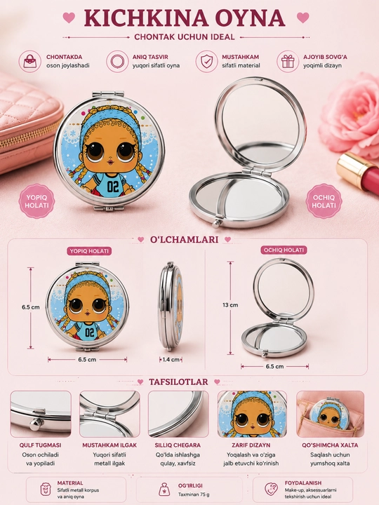 Cho'ntak oynasi yumaloq kosmetik ko'zgu qizlar uchun anime dizayn metall - 