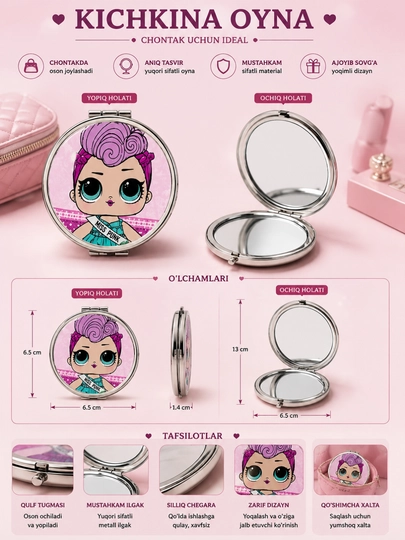Cho'ntak oynasi yumaloq kosmetik ko'zgu qizlar uchun anime dizayn metall - 