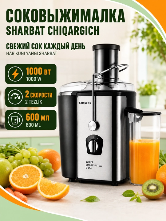 Sokovijimalka 1000W, zanglamaydigan po'lat, meva va sabzavotlar uchun, 600 ml - 