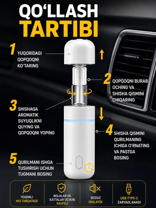 Avtomobil havo spreyi, elektr aromali diffuzer, simsiz 6ta hidli, Ultrasonic