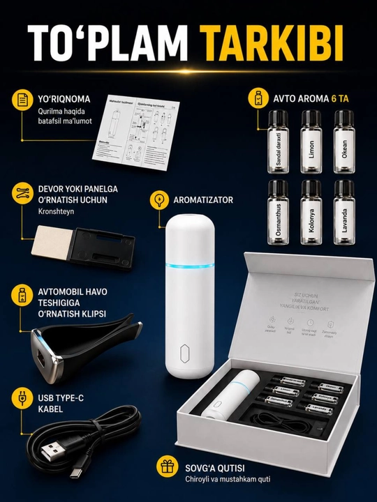 Avtomobil havo spreyi, elektr aromali diffuzer, simsiz 6ta hidli, Ultrasonic