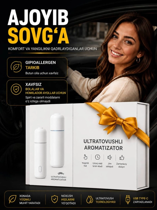 Avtomobil havo spreyi, elektr aromali diffuzer, simsiz 6ta hidli, Ultrasonic