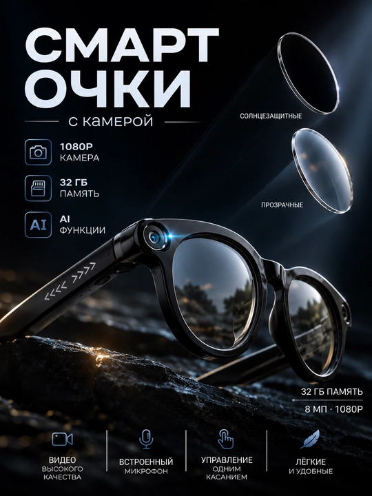 Kamera bilan smart ko‘zoynak, AI ochki, kamerali kozoynak, CY05,smart ko‘zoynak,1080P 8 MP - 