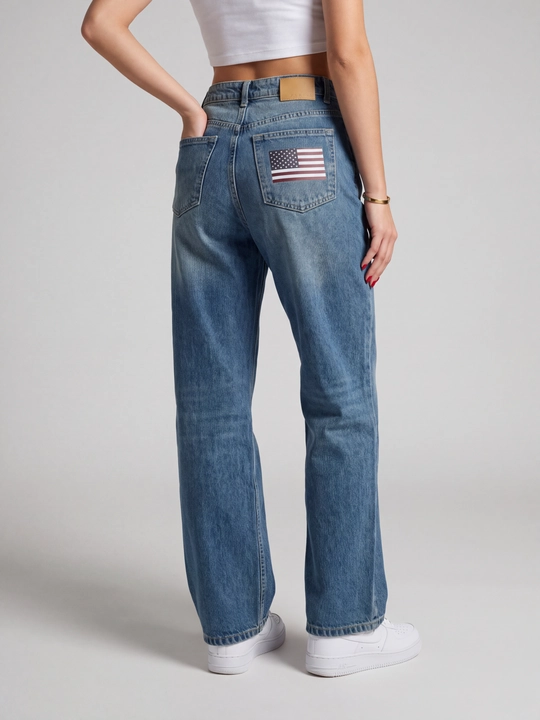 Ayollar uchun Wide Leg jinsi shim, yuqori belli, ko'k denim, amerika flagli - 