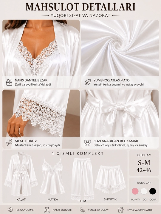 Ayollar uchun uy kiyimi, pijama va xalat, nafis va qulay set S–M / 42–46