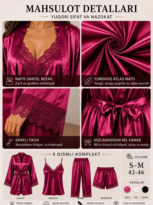 Ayollar uchun uy kiyimi, pijama va xalat, nafis va qulay set S–M / 42–46