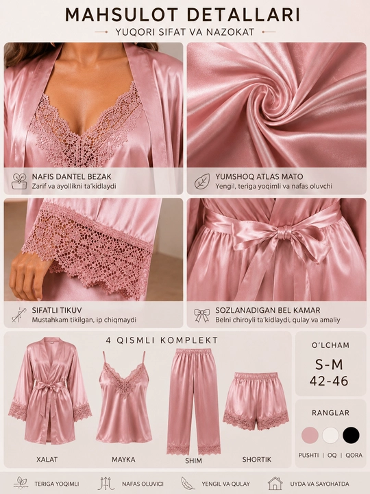 Ayollar uchun uy kiyimi, pijama va xalat, nafis va qulay set S–M / 42–46