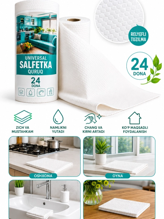 Quruq salfetkalar, universal salfetkalar, ko‘p - 