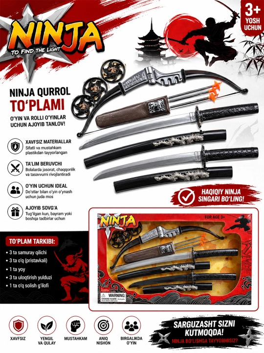 Ninja qurol to‘plami, bolalar uchun o‘yinchoq qurol, ninja qilich, o‘yinchoq kamon bilan - 
