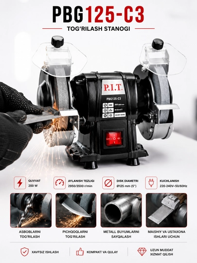 P.I.T. PBG125-C3 200W charxlash stanogi, metall va asboblarni charxlash