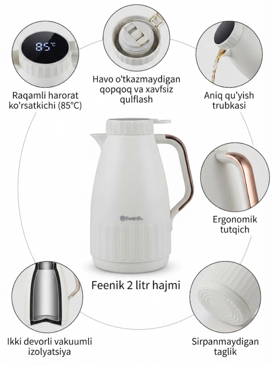 Choy va kofeelar uchun uzoq issiqlikni saqlovchi shisha kolbali vakumli termos 2L Feenik