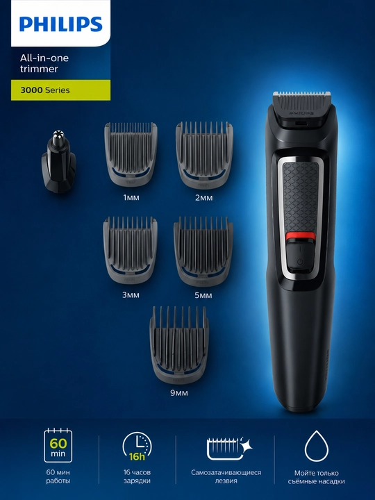 Philips MG3720 professional soqol va burun tuki oladigan trimmer, erkaklar uchun 7 tasi1da
