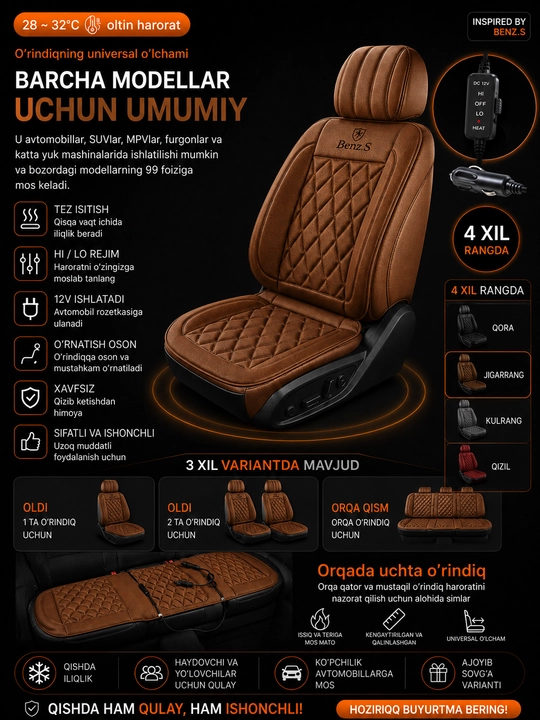 Avtomobil o‘rindig‘i uchun elektr isitkich nakidka 12V — qish uchun