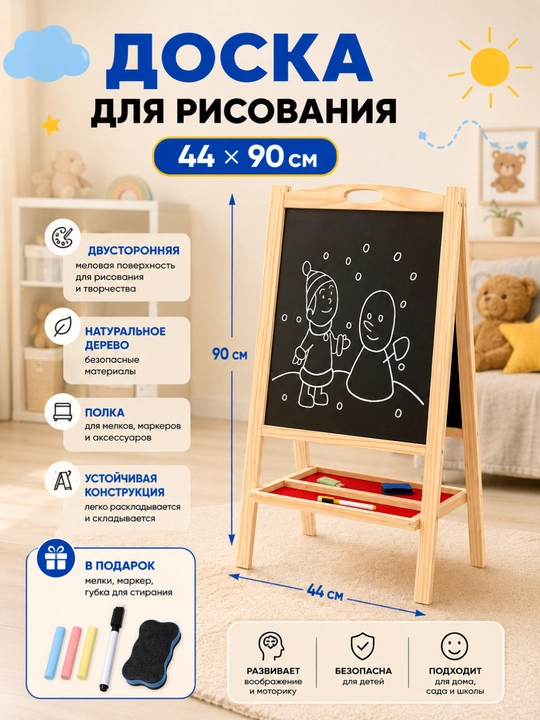 Детский двухсторонний мольберт – доска для рисования маркером и мелом - 
