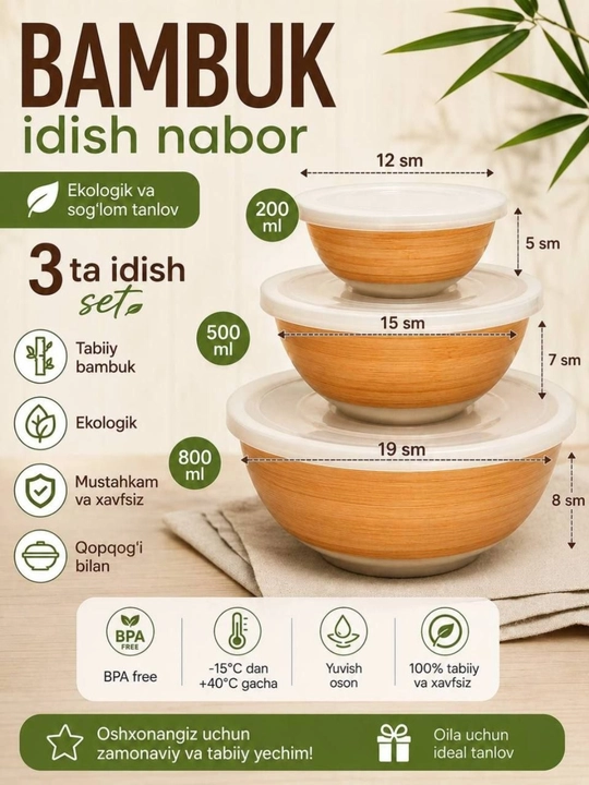 3 dona bambuk idishlar to‘plami - 