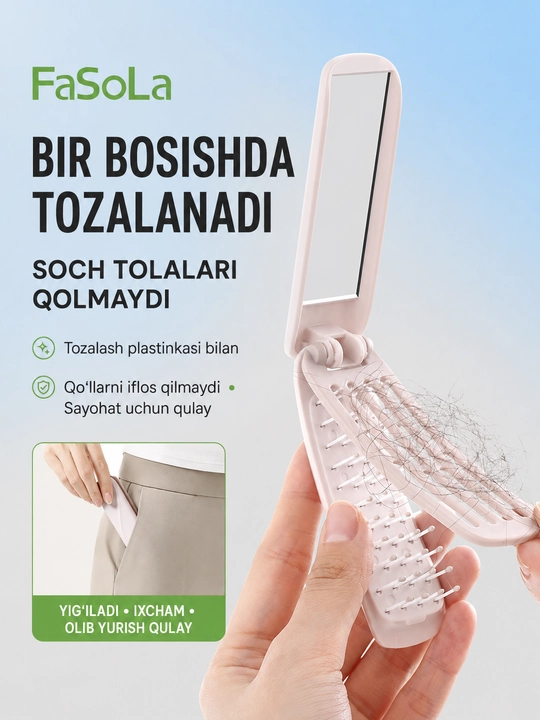 FaSoLa yig‘ma soch tarog‘i va ko‘zgu, o‘z-o‘zini tozalovchi, ixcham, sayohat uchun qulay - 