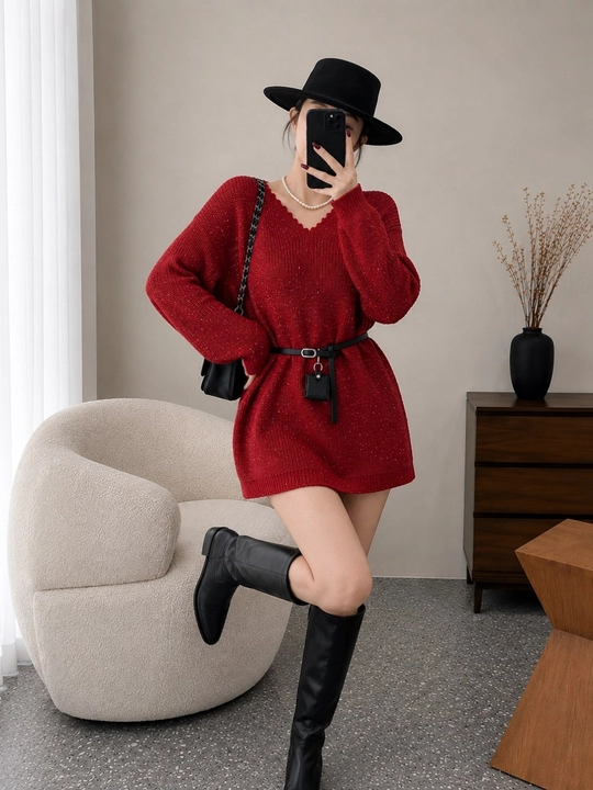 Ayollar uchun oversize trikotaj sviter-ko‘ylak, V yoqa, kamarli(42,44,46,48)