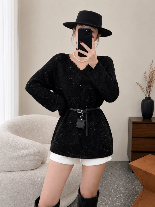 Ayollar uchun oversize trikotaj sviter-ko‘ylak, V yoqa, kamarli(42,44,46,48)
