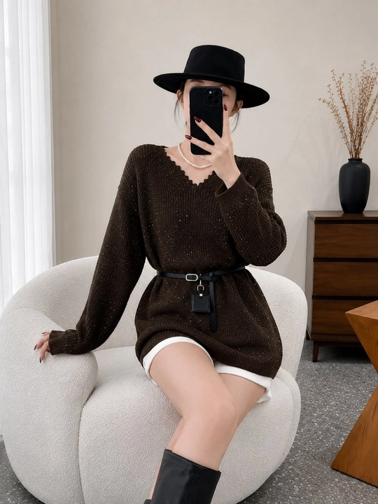 Ayollar uchun oversize trikotaj sviter-ko‘ylak, V yoqa, kamarli(42,44,46,48)