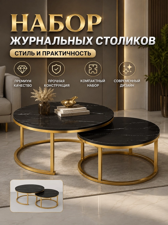 Набор журнальных столиков из 2 предметов с мраморной  — чёрный и золотой 70*70*45 - 