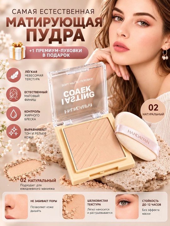 Пудра для лица, стойкая, матирующая, выравнивает тон кожи - 