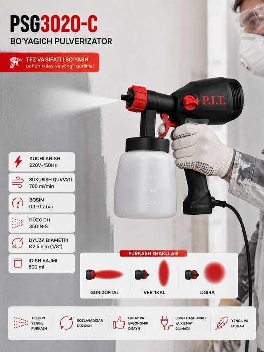 P.I.T PSG3020-C краскопульт, 550 Вт, электрический распылитель краски