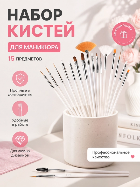 Набор кистей для маникюра и дизайна ногтей, 15 шт - 