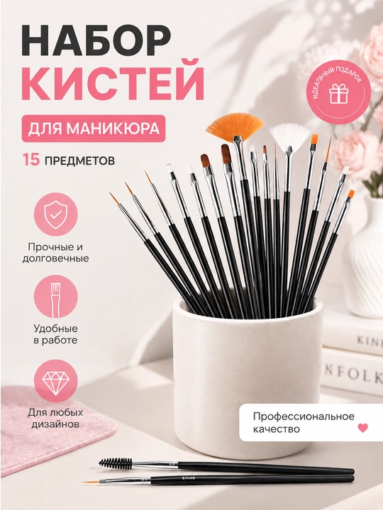 Набор кистей для маникюра и дизайна ногтей, 15 шт - 