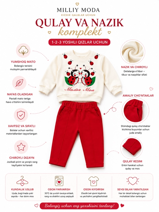 Костюмчик для девочки 1–3 лет мягкий свитшот и удобные штанишки