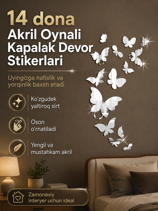 Devorga aks ettiruvchi akril kapalaklar, dekorativ stiker, 14 dona, uy uchun