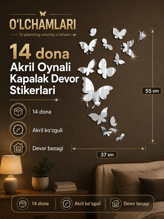 Devorga aks ettiruvchi akril kapalaklar, dekorativ stiker, 14 dona, uy uchun