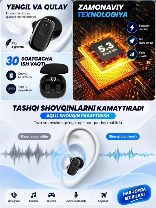 Raqamli displeyli simsiz Bluetooth quloqchin, matoli premium g‘ilof, 6 rang