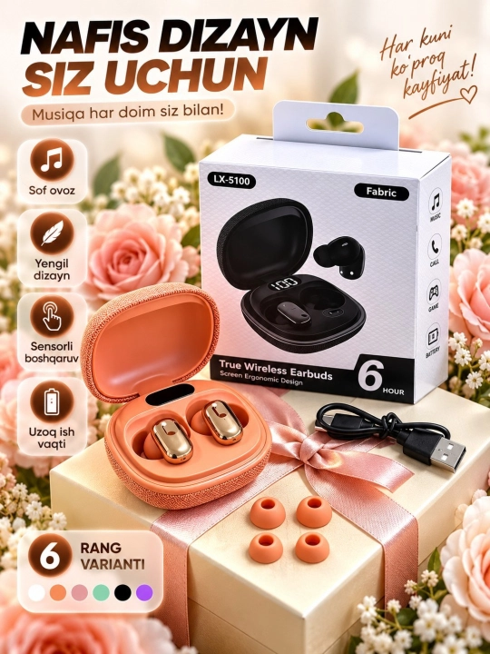 Raqamli displeyli simsiz Bluetooth quloqchin, matoli premium g‘ilof, 6 rang