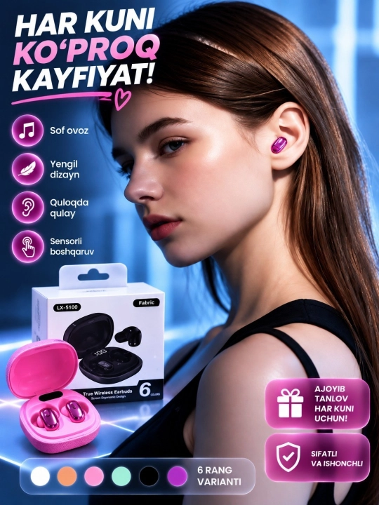 Raqamli displeyli simsiz Bluetooth quloqchin, matoli premium g‘ilof, 6 rang