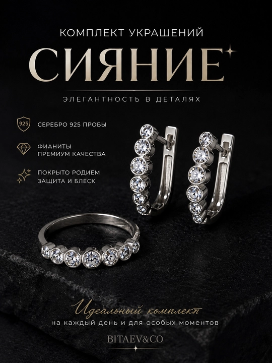 Комплект украшений «Сияние» — серьги и кольцо из серебра 925 с фианитами - 