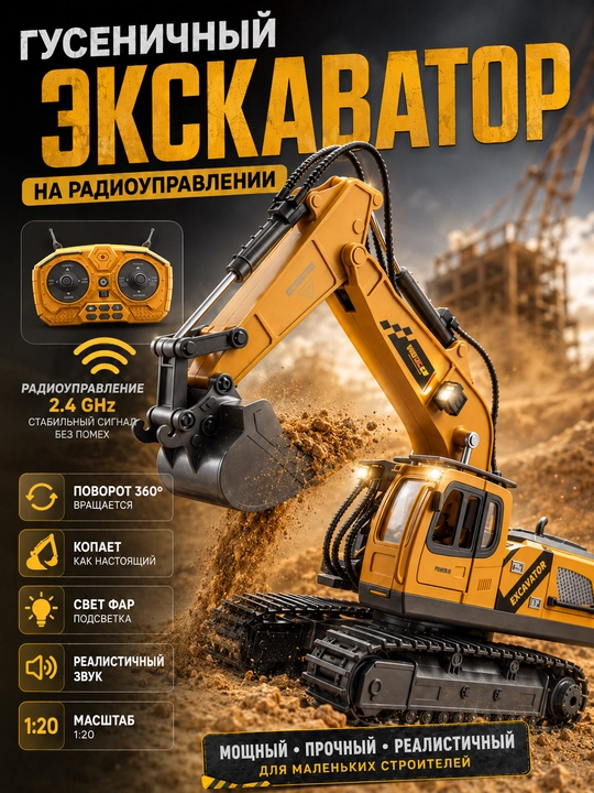 Ekskavator radio pult orqali boshqariladigan, ovozli, 1:20 masshtabli - 