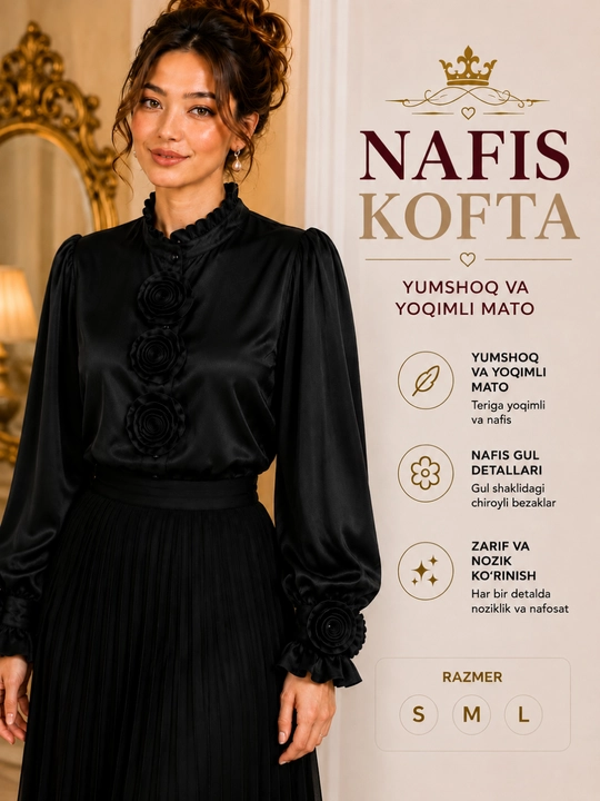 Ayollar bluzkasi, chiroyli gulli kofta, nafis bichim, standart o‘lcham