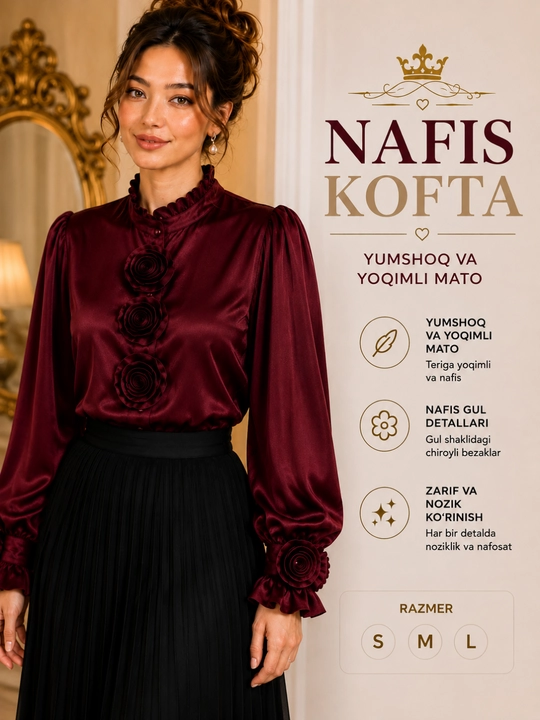 Ayollar bluzkasi, chiroyli gulli kofta, nafis bichim, standart o‘lcham