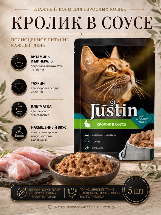Justin mushuklar uchun nam yem, quyon go‘shti sousda 75 gr 5 dona - 
