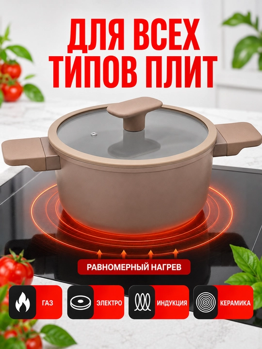 Кастрюля Baroly со стеклянной крышкой, антипригарное покрытие, бежевый цвет