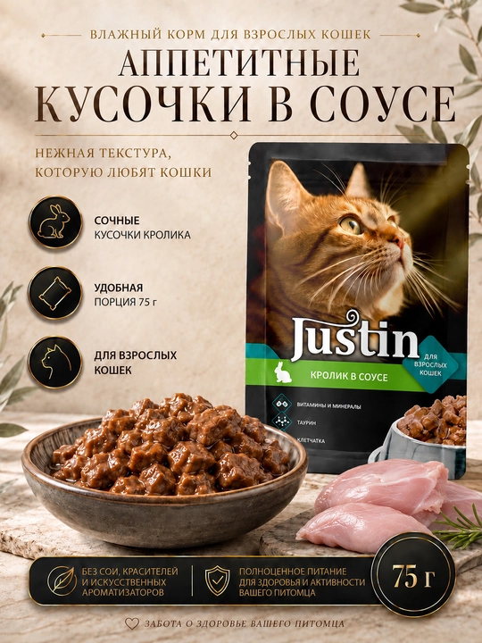 Justin mushuklar uchun nam yem, quyon go‘shti sousda 75 gr 5 dona