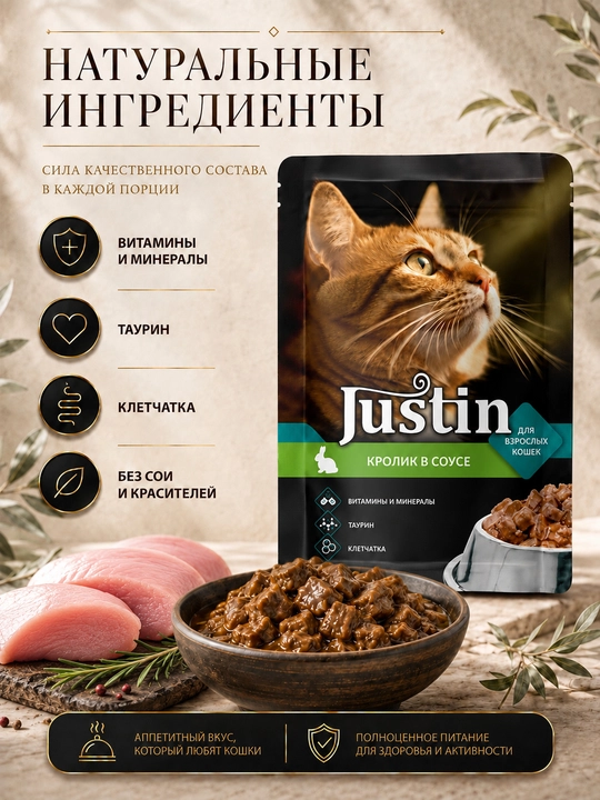Justin mushuklar uchun nam yem, quyon go‘shti sousda 75 gr 5 dona